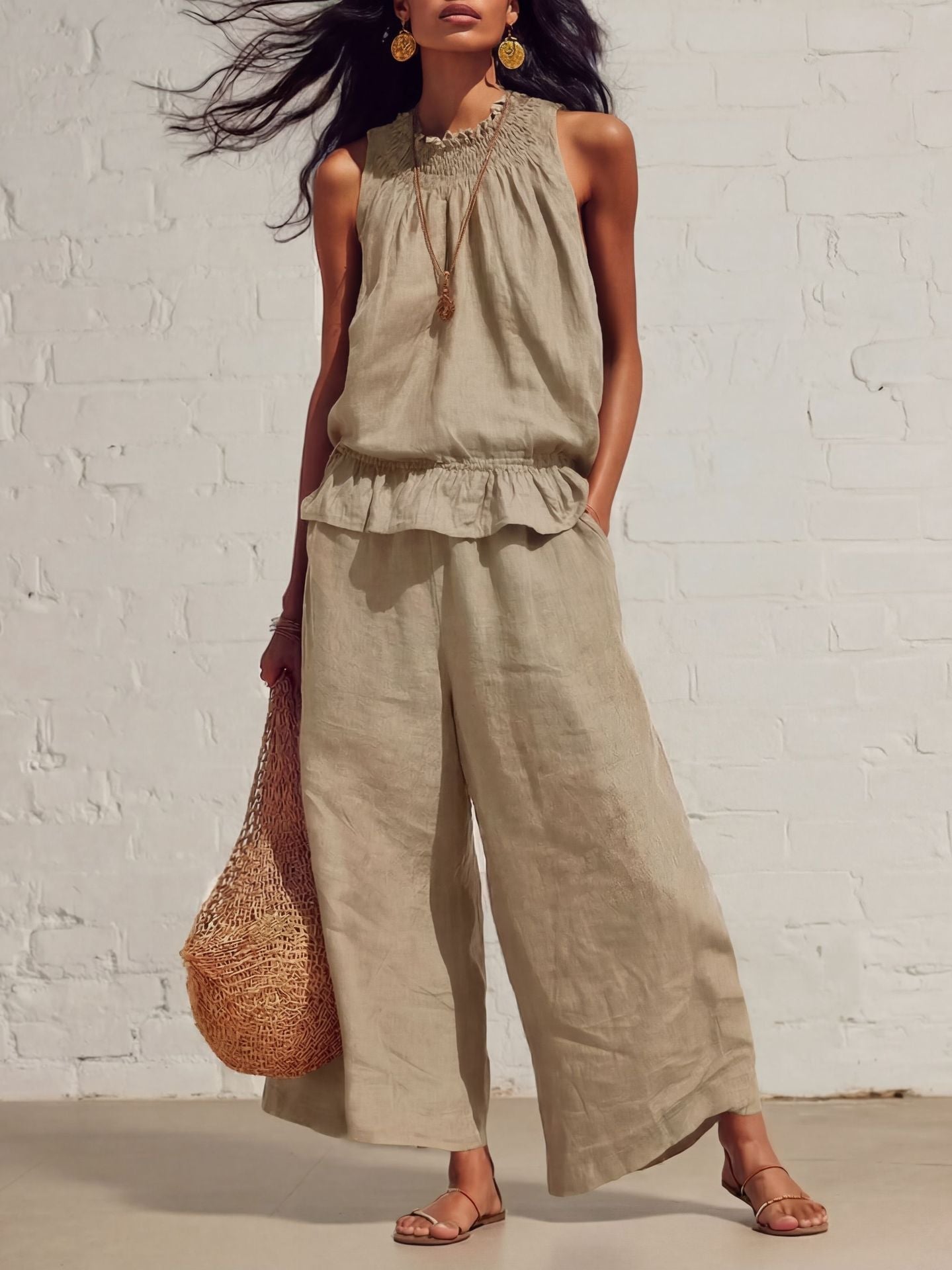 Women's Smocked Neckline Ruffle Hem Linen Tank & Wide-Leg Cropped Pants Set