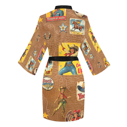 Baha Ranch Vintage Cowgirl Collage Kimono Satin Robe