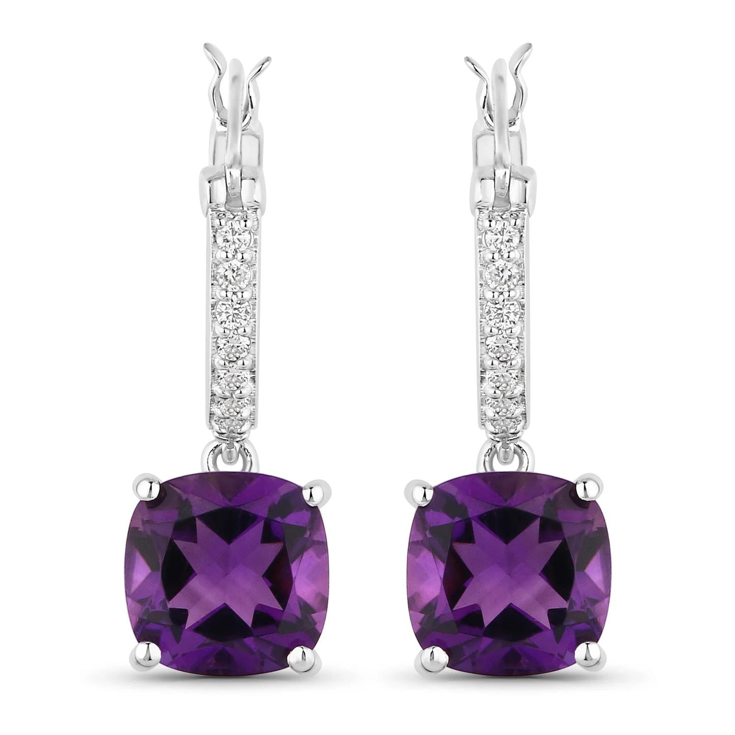 3.60 Ct Cushion Purple Amethyst & Lab Diamond Prong Rhodium Plated Silver Dangle Earrings