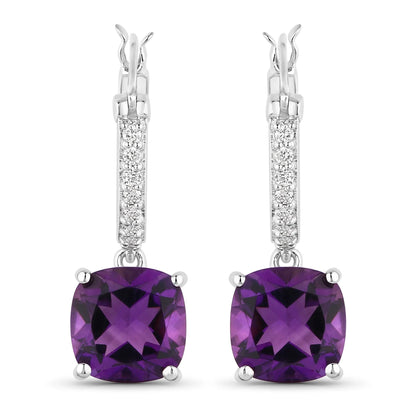 3.60 Ct Cushion Purple Amethyst & Lab Diamond Prong Rhodium Plated Silver Dangle Earrings