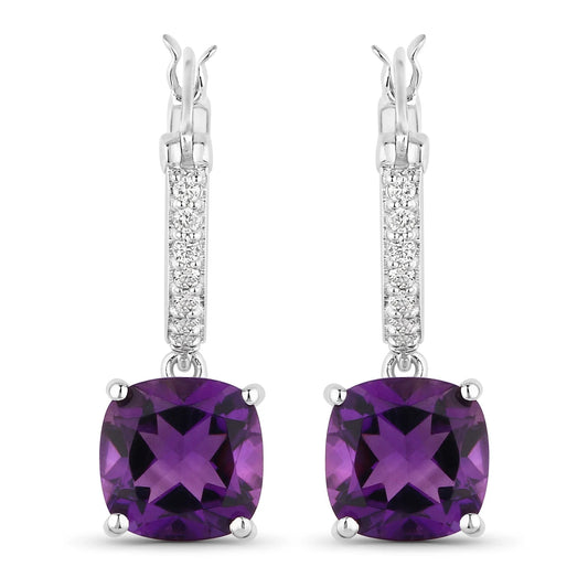 3.60 Ct Cushion Purple Amethyst & Lab Diamond Prong Rhodium Plated Silver Dangle Earrings