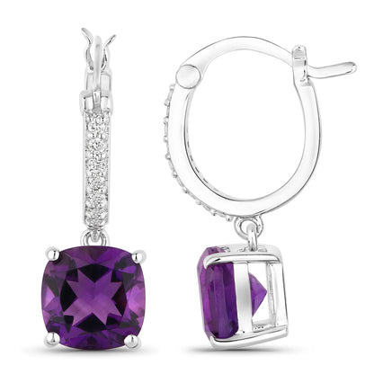 3.60 Ct Cushion Purple Amethyst & Lab Diamond Prong Rhodium Plated Silver Dangle Earrings