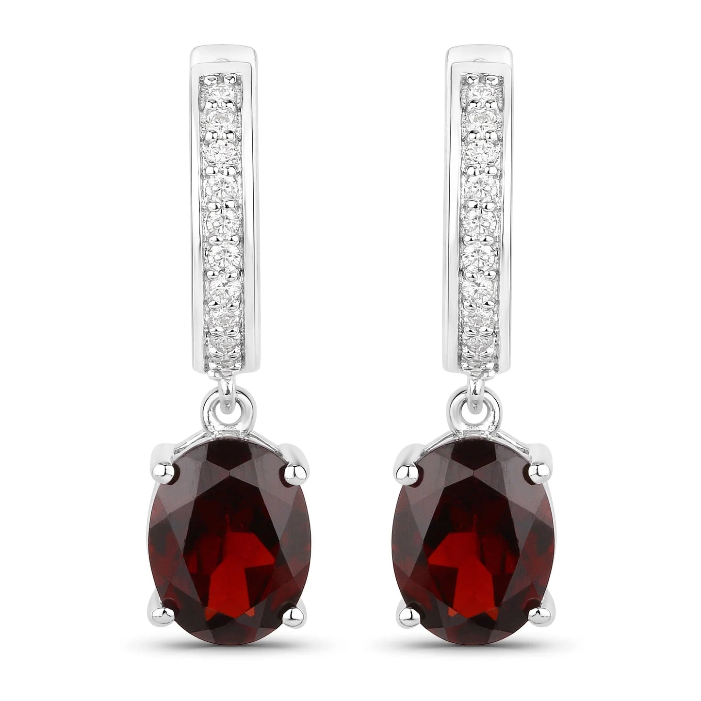 4.00 Ct Oval Red Garnet & Lab Diamond Prong Rhodium Plated Silver Dangle Earrings