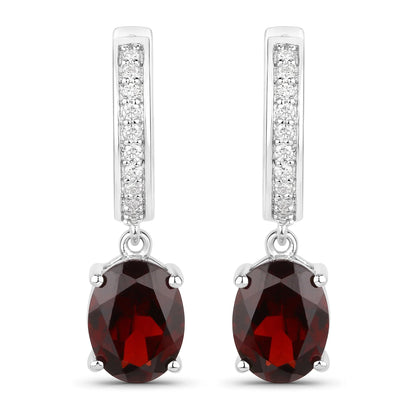 4.00 Ct Oval Red Garnet & Lab Diamond Prong Rhodium Plated Silver Dangle Earrings