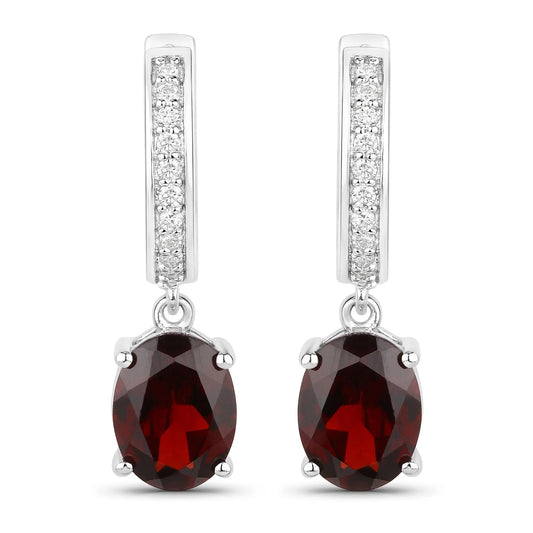 4.00 Ct Oval Red Garnet & Lab Diamond Prong Rhodium Plated Silver Dangle Earrings