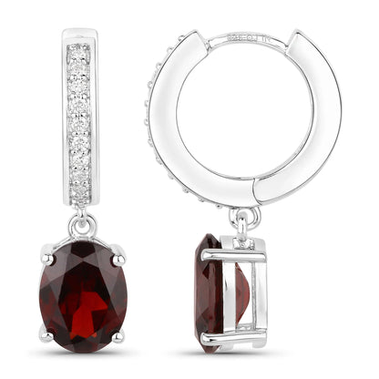 4.00 Ct Oval Red Garnet & Lab Diamond Prong Rhodium Plated Silver Dangle Earrings