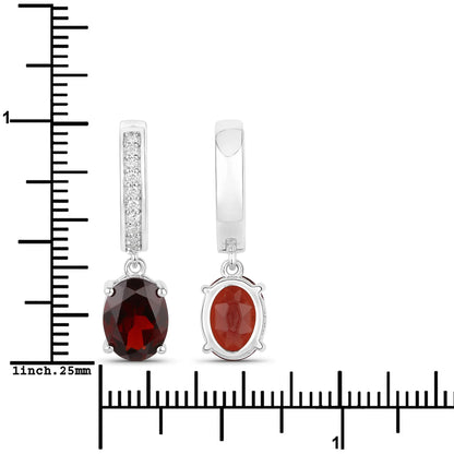 4.00 Ct Oval Red Garnet & Lab Diamond Prong Rhodium Plated Silver Dangle Earrings