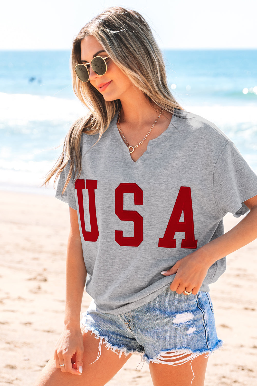 Threaded Pear USA Patch Notched Neck Loose Tee