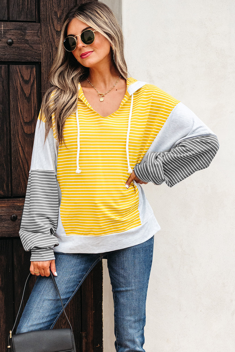 Threaded Pear Margot Stripe Drawstring Loose Fit Hooded Top