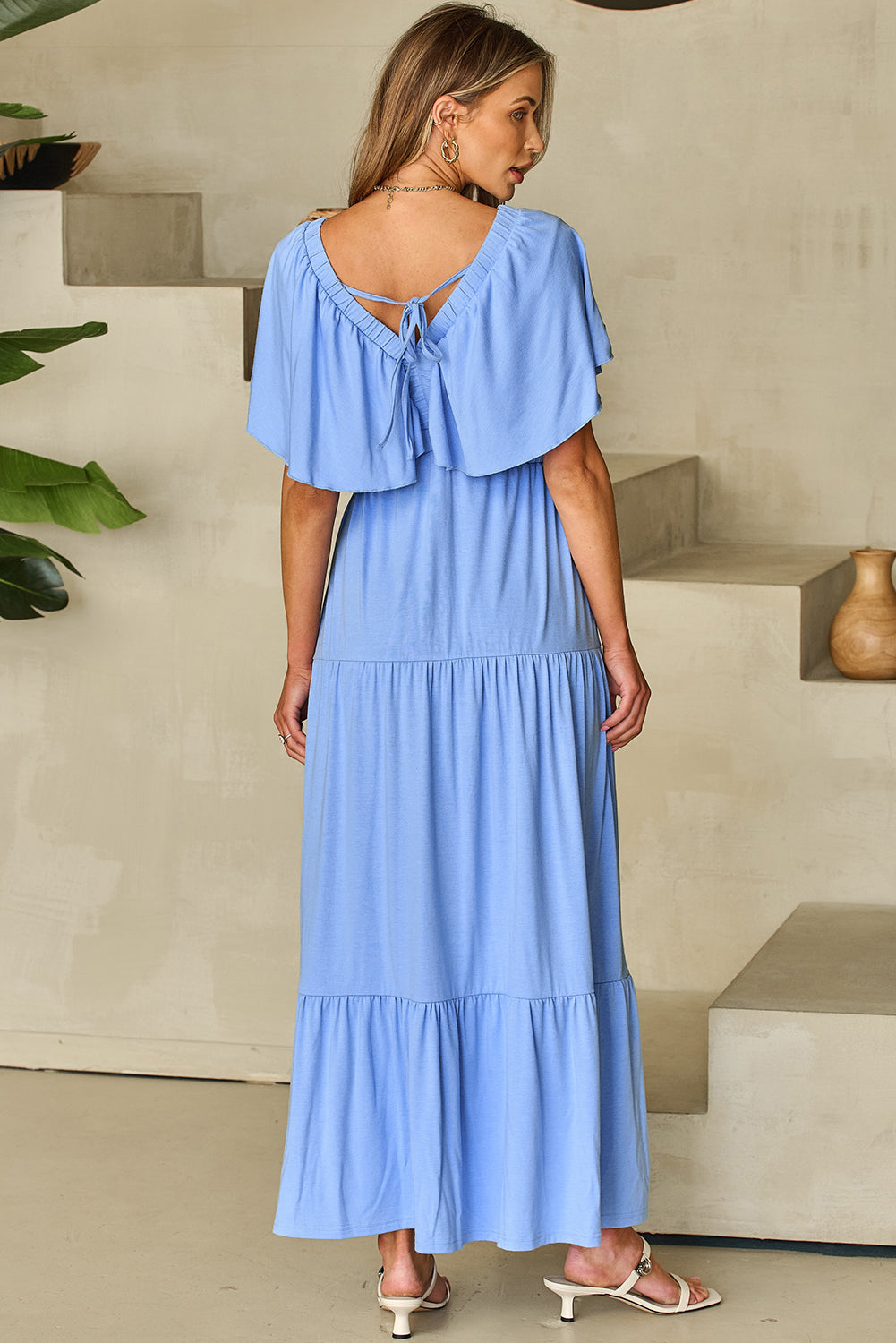 Threaded Pear Kelsey Textured Flutter Sleeve Ruffled Maxi Dress