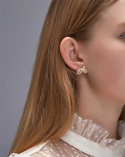 Pearl & Cubic Zirconia Embellished Butterfly Stud Earrings