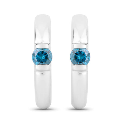 0.35 Cttw Round Teal Blue Diamond Channel Rhodium Plated Silver Huggie Hoop Earrings