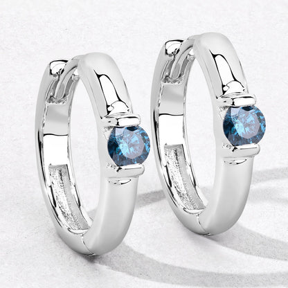 0.35 Cttw Round Teal Blue Diamond Channel Rhodium Plated Silver Huggie Hoop Earrings