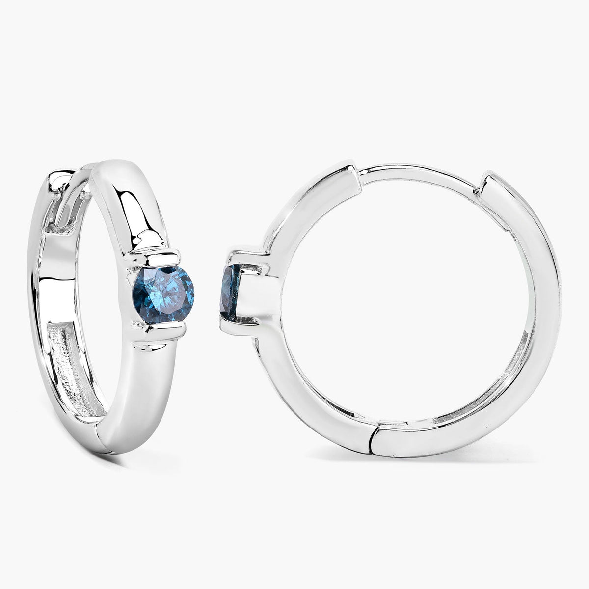 0.35 Cttw Round Teal Blue Diamond Channel Rhodium Plated Silver Huggie Hoop Earrings
