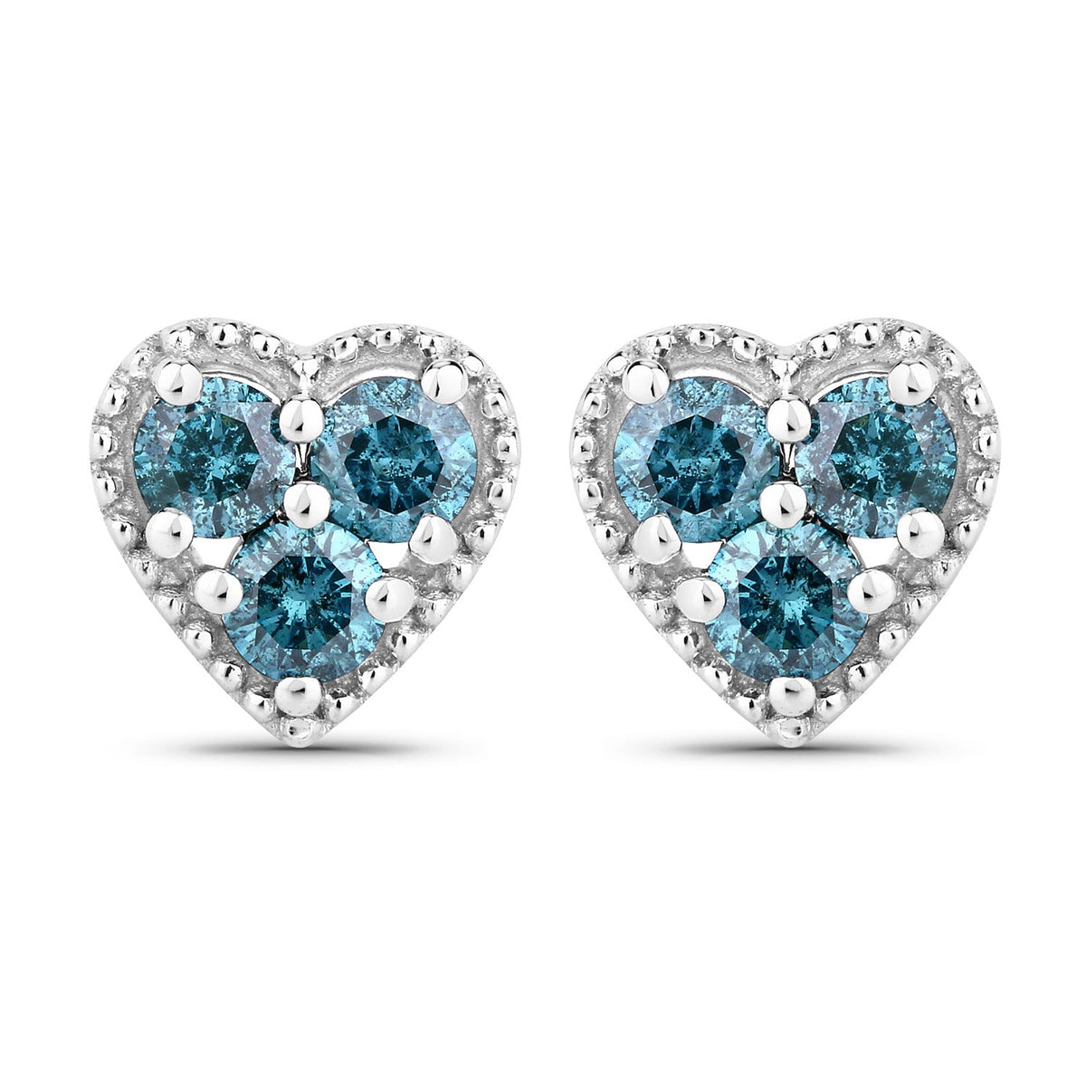 0.50 Cttw Round Teal Blue Diamond Rhodium Plated Silver Heart Stud Earrings