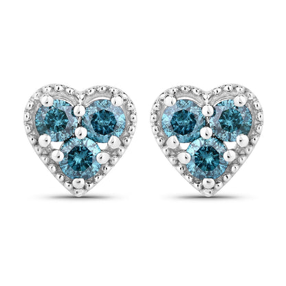 0.50 Cttw Round Teal Blue Diamond Rhodium Plated Silver Heart Stud Earrings