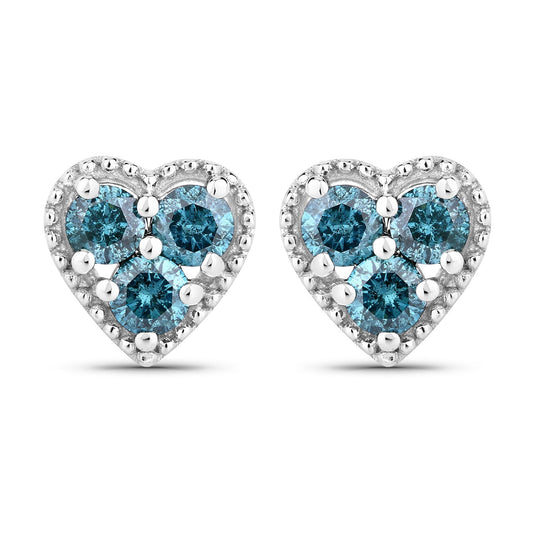 0.50 Cttw Round Teal Blue Diamond Rhodium Plated Silver Heart Stud Earrings