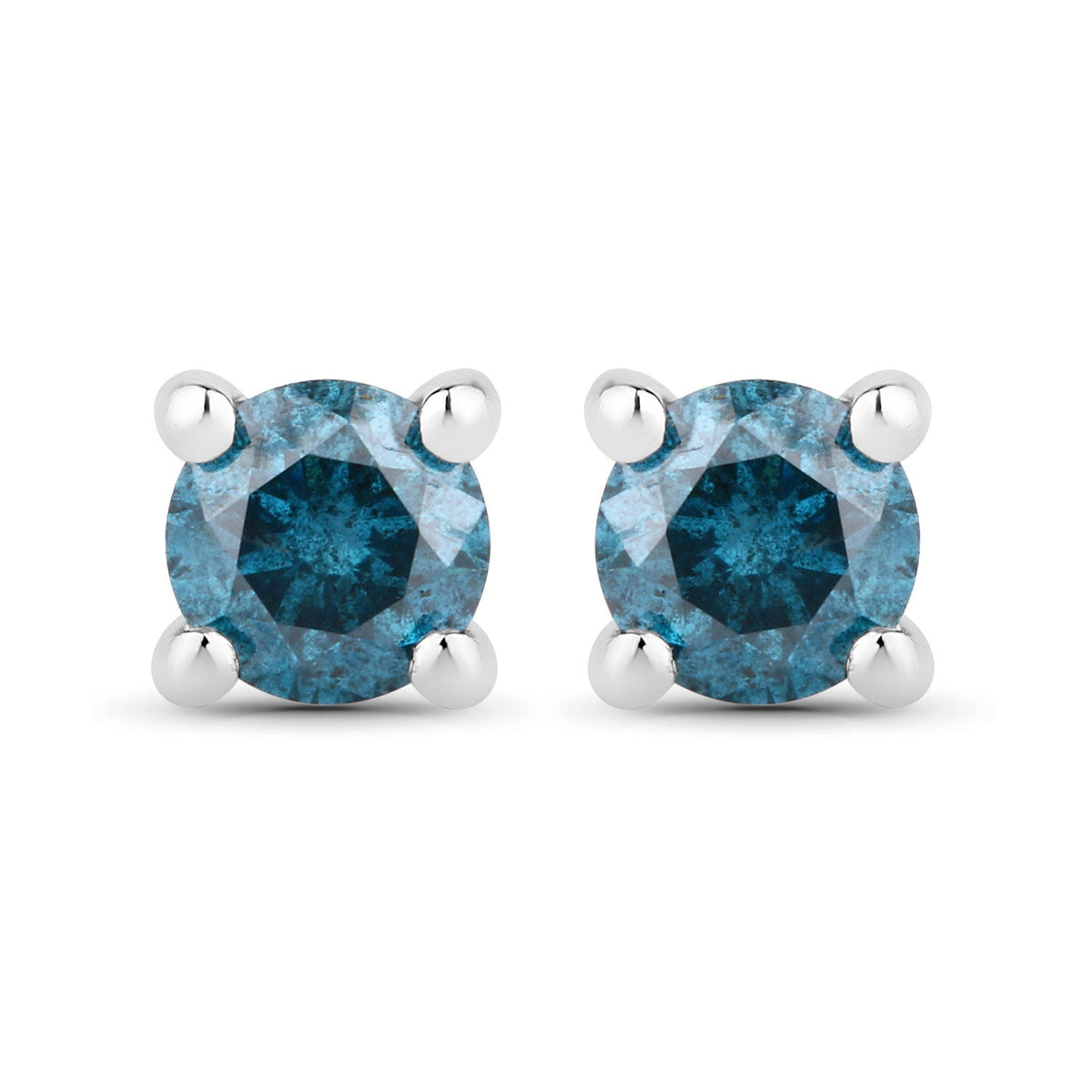 0.25 Cttw Round Teal Blue Diamond Rhodium Plated Silver Solitaire Stud Earrings