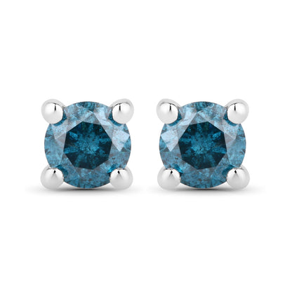 0.25 Cttw Round Teal Blue Diamond Rhodium Plated Silver Solitaire Stud Earrings
