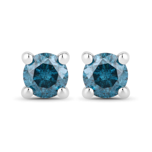 0.25 Cttw Round Teal Blue Diamond Rhodium Plated Silver Solitaire Stud Earrings