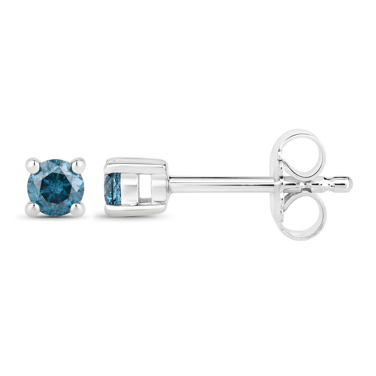0.25 Cttw Round Teal Blue Diamond Rhodium Plated Silver Solitaire Stud Earrings