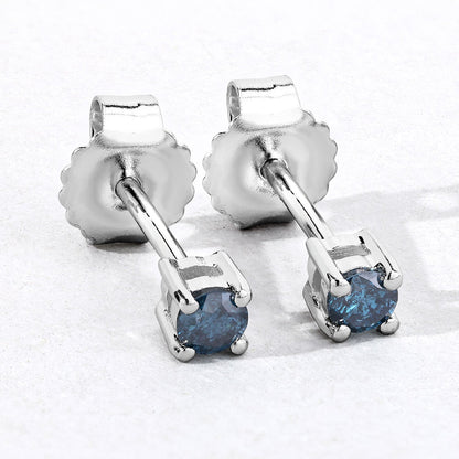0.25 Cttw Round Teal Blue Diamond Rhodium Plated Silver Solitaire Stud Earrings