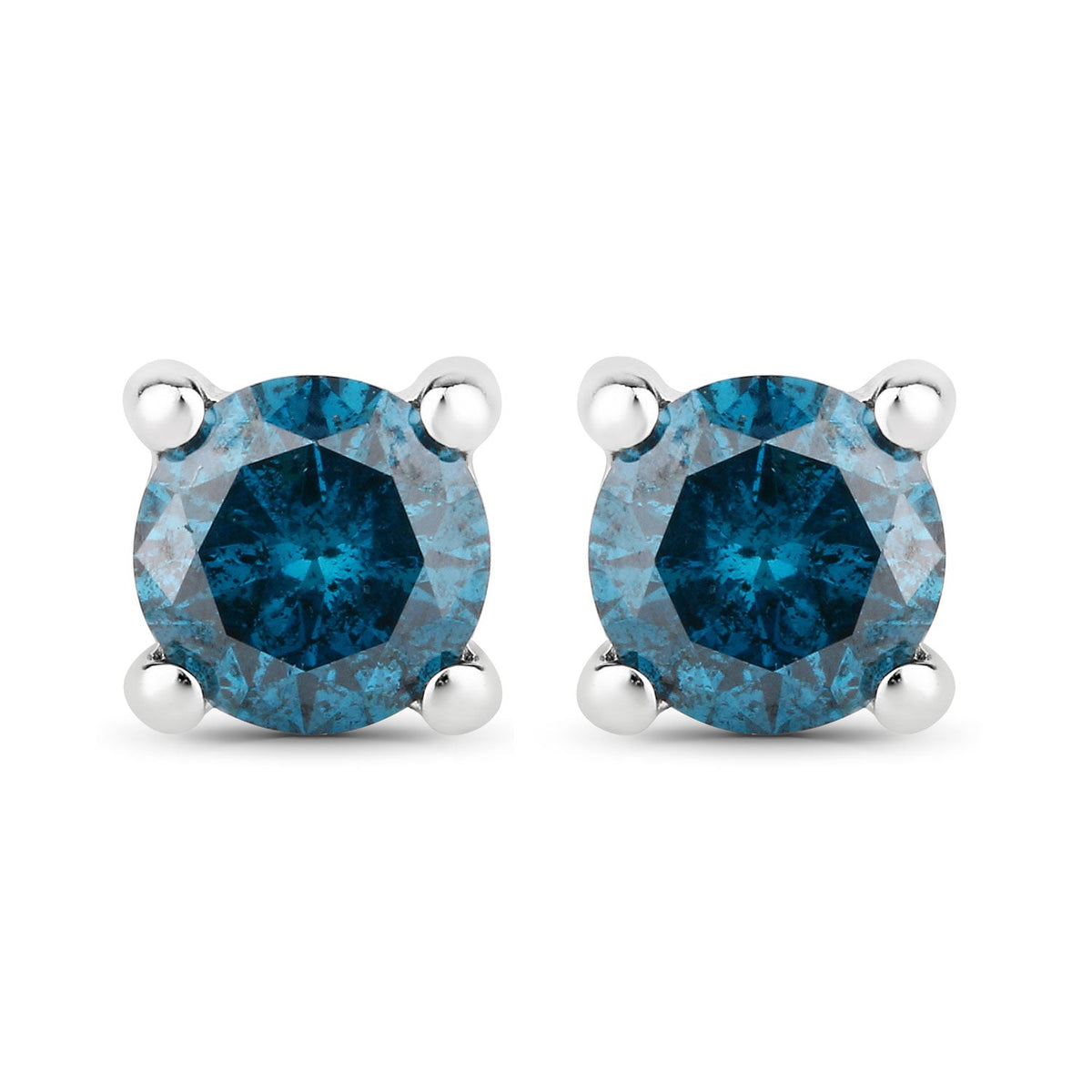 0.35 Cttw Round Teal Blue Diamond Rhodium Plated Silver Solitaire Stud Earrings