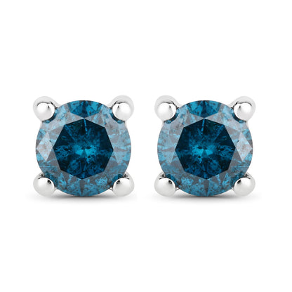 0.35 Cttw Round Teal Blue Diamond Rhodium Plated Silver Solitaire Stud Earrings