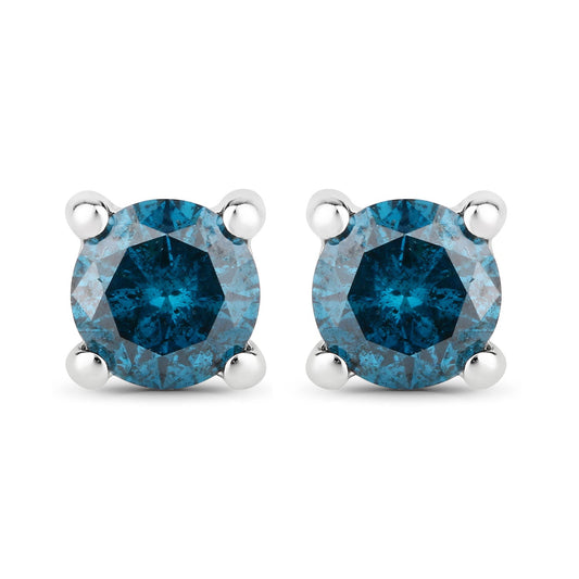 0.35 Cttw Round Teal Blue Diamond Rhodium Plated Silver Solitaire Stud Earrings