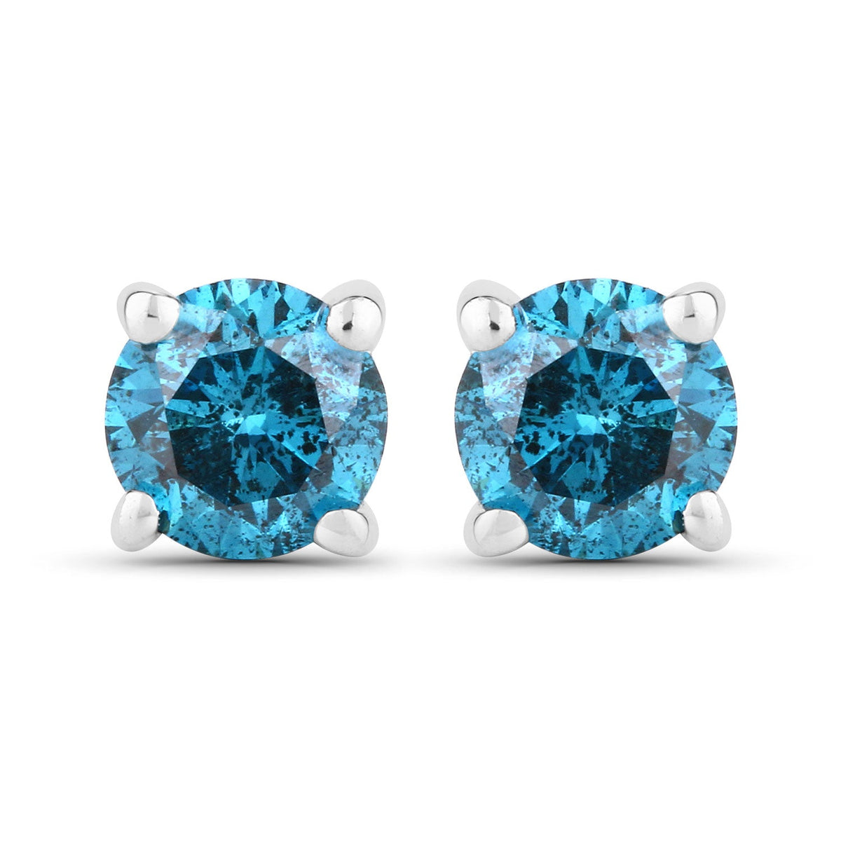 0.57 Cttw Round Teal Blue Diamond Rhodium Plated Silver Stud Earrings