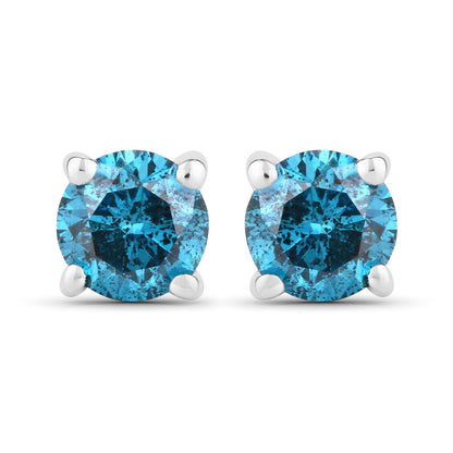 0.57 Cttw Round Teal Blue Diamond Rhodium Plated Silver Stud Earrings