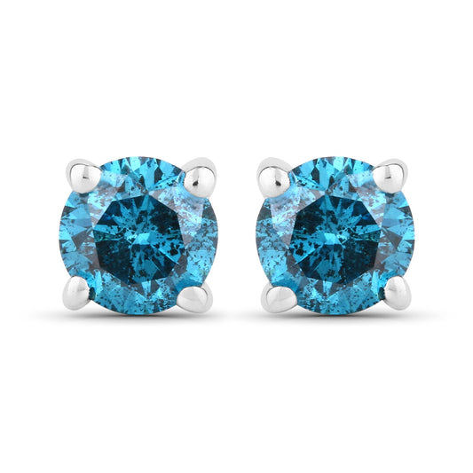 0.57 Cttw Round Teal Blue Diamond Rhodium Plated Silver Stud Earrings