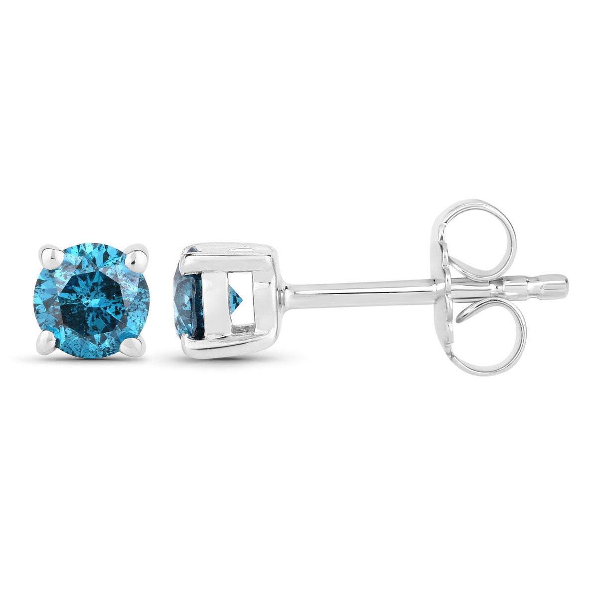 0.57 Cttw Round Teal Blue Diamond Rhodium Plated Silver Stud Earrings
