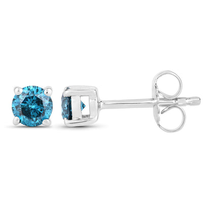 0.57 Cttw Round Teal Blue Diamond Rhodium Plated Silver Stud Earrings