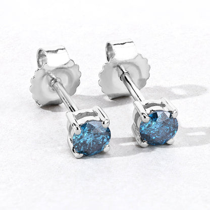 0.57 Cttw Round Teal Blue Diamond Rhodium Plated Silver Stud Earrings