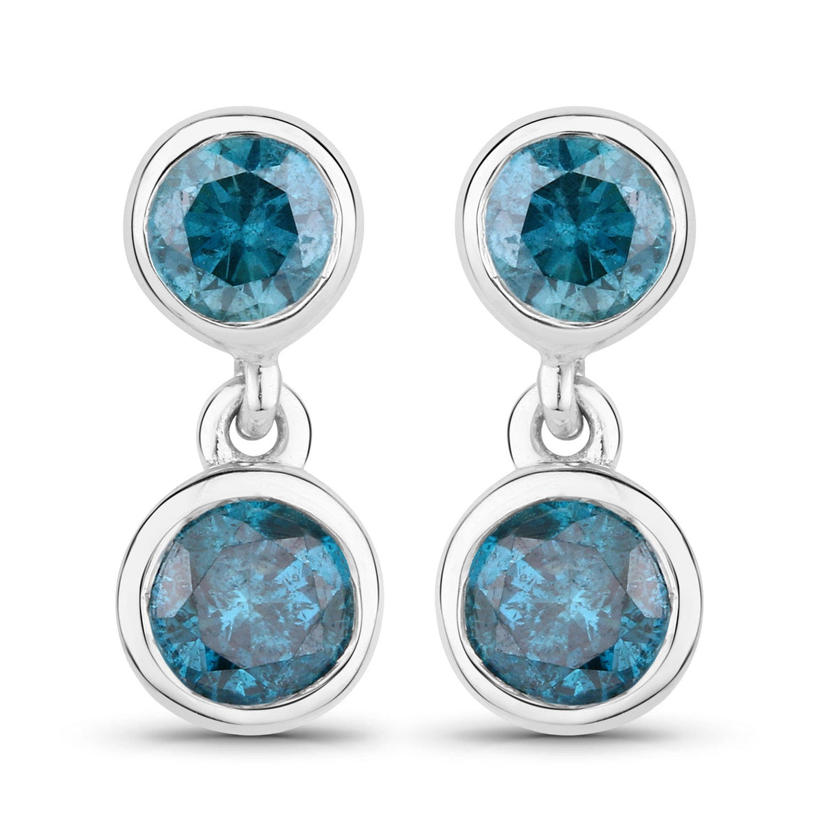 0.76 Cttw Round Teal Blue Diamond Bezel Rhodium Plated Silver Two Stone Dangle Earrings