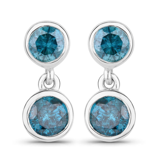 0.76 Cttw Round Teal Blue Diamond Bezel Rhodium Plated Silver Two Stone Dangle Earrings