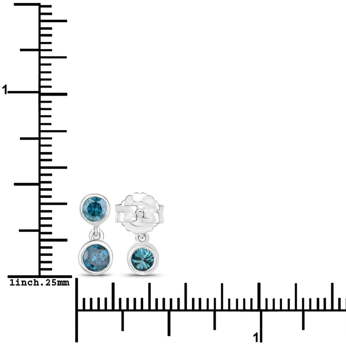 0.76 Cttw Round Teal Blue Diamond Bezel Rhodium Plated Silver Two Stone Dangle Earrings