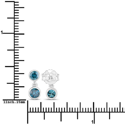 0.76 Cttw Round Teal Blue Diamond Bezel Rhodium Plated Silver Two Stone Dangle Earrings