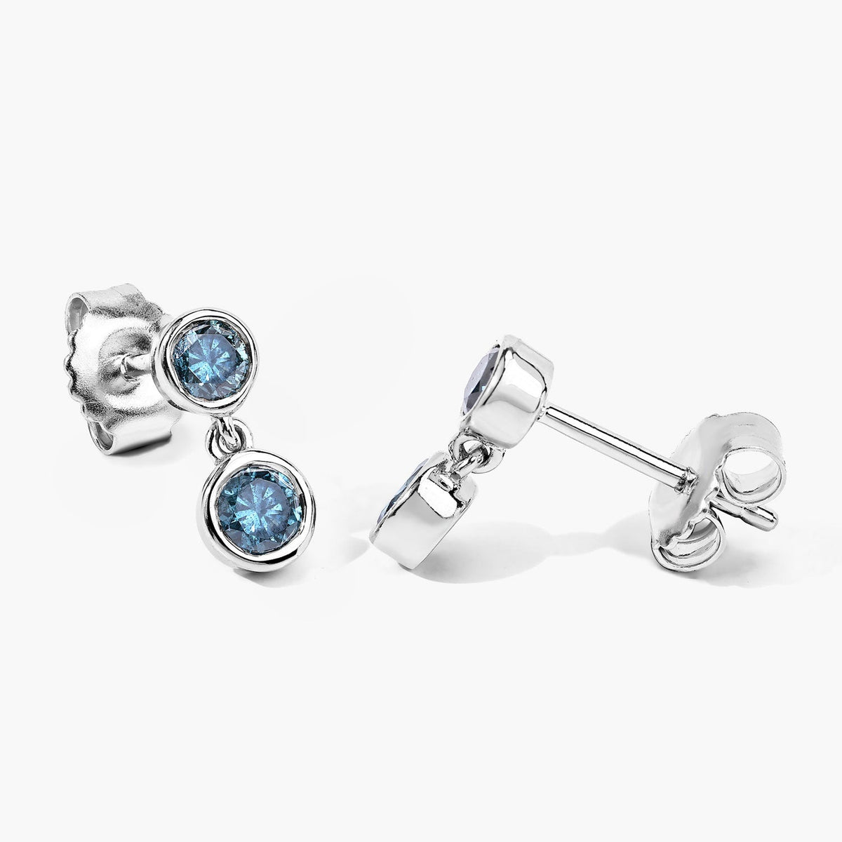 0.76 Cttw Round Teal Blue Diamond Bezel Rhodium Plated Silver Two Stone Dangle Earrings