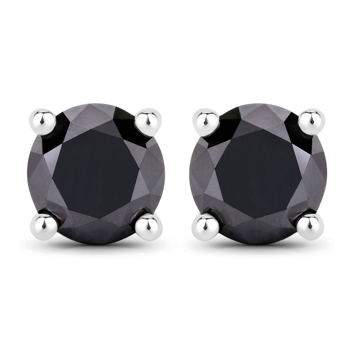 2.97 Cttw Round Black Diamond 925 Sterling Silver Solitaire Stud Earrings