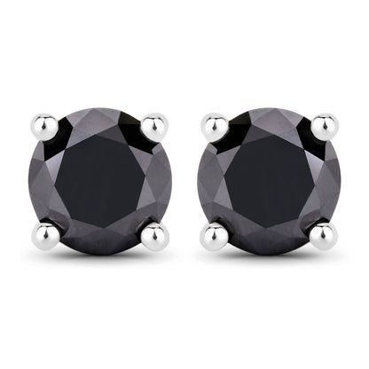 2.97 Cttw Round Black Diamond 925 Sterling Silver Solitaire Stud Earrings