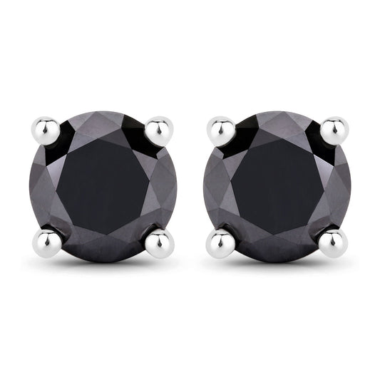 2.97 Cttw Round Black Diamond 925 Sterling Silver Solitaire Stud Earrings