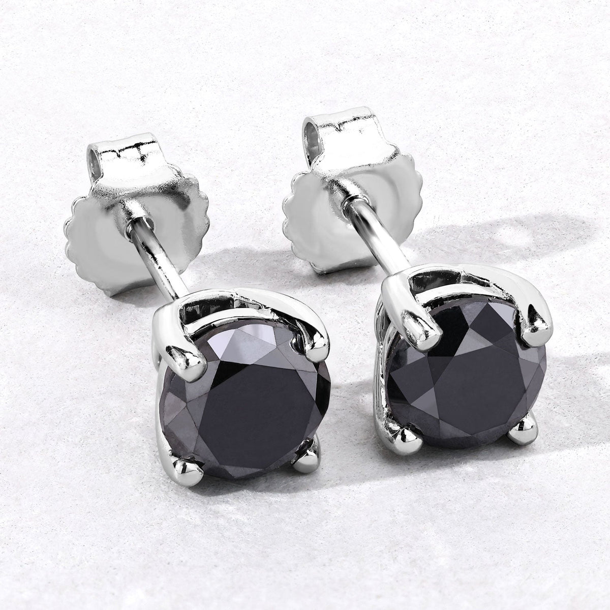 2.97 Cttw Round Black Diamond 925 Sterling Silver Solitaire Stud Earrings