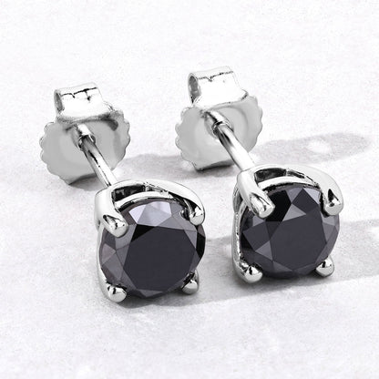 2.97 Cttw Round Black Diamond 925 Sterling Silver Solitaire Stud Earrings