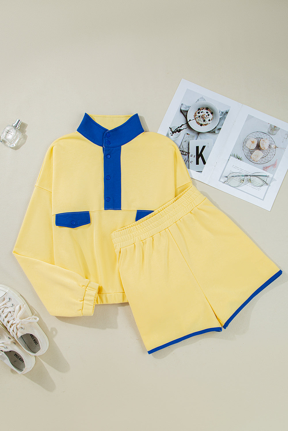 Threaded Pear Shelby Patchwork Half Button Pullover and Shorts Outfit
