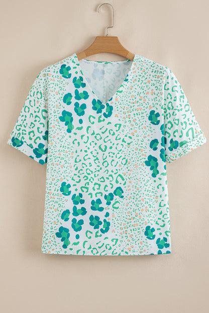 Threaded Pear Azalea Print Short Sleeve Blouse