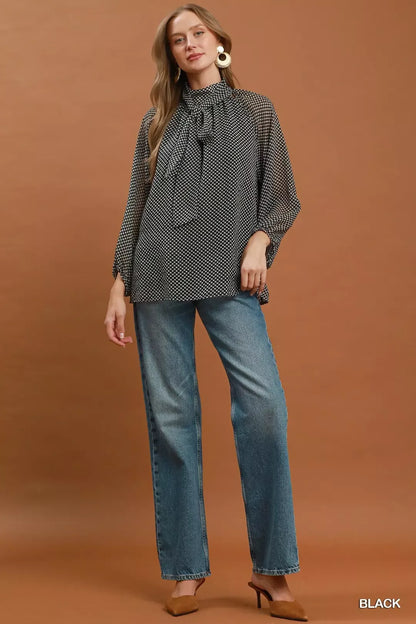 Umgee Dot Print Tie Neck Long Sleeve Blouse