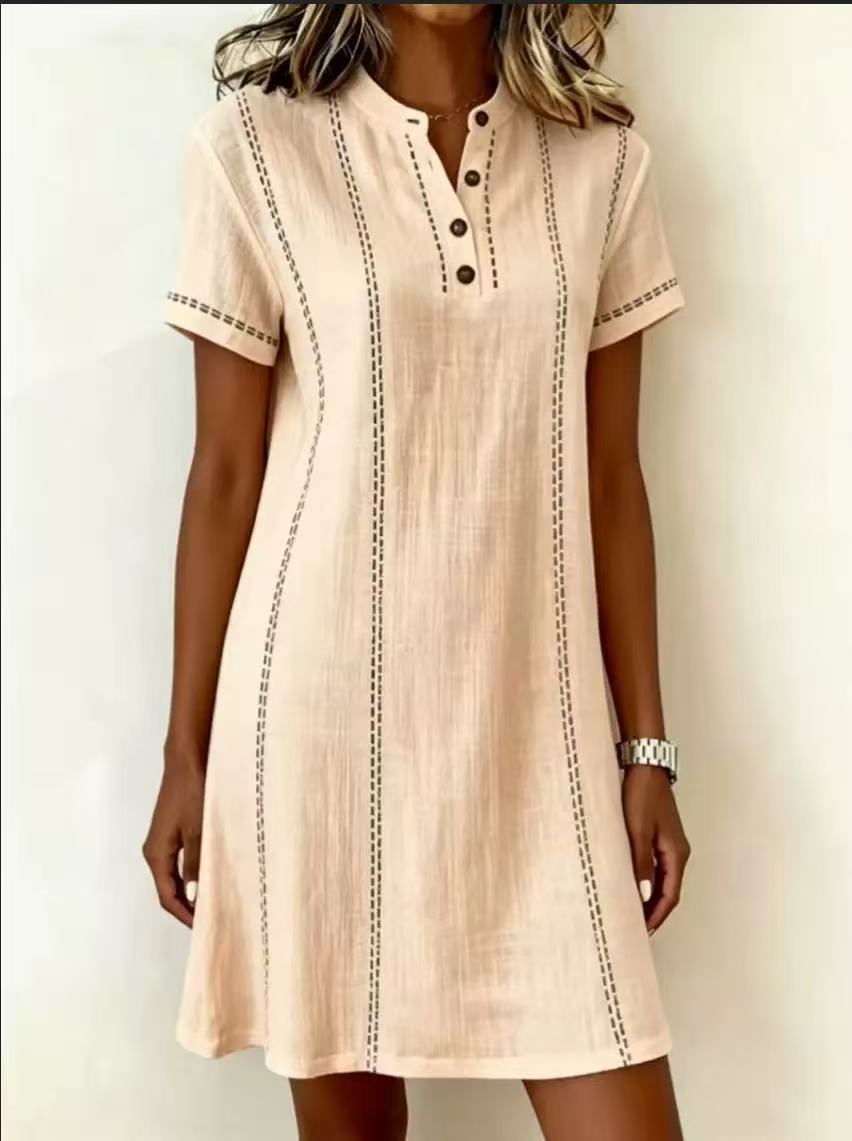 Women's Printed Button-Up Stand Collar Midi Dress 3/4 Sleeve Loose Fit Apricot / S Women's Printed Button-Up Stand Collar Midi Dress 3/4 Sleeve Loose Fit Apricot / S