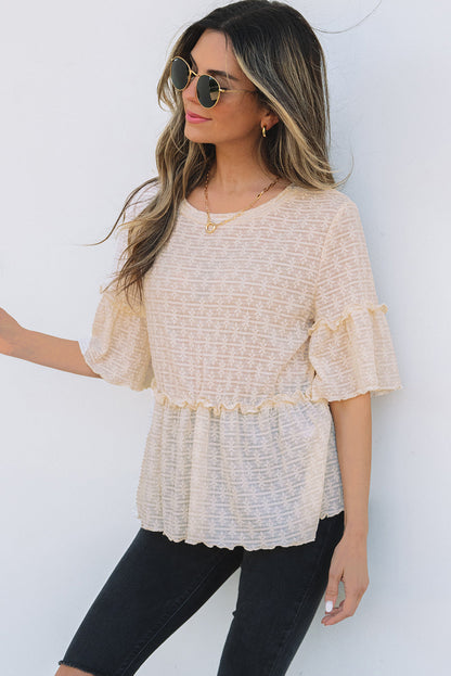 Threaded Pear Oaklyn Textured Ruffled Short Sleeve Blouse